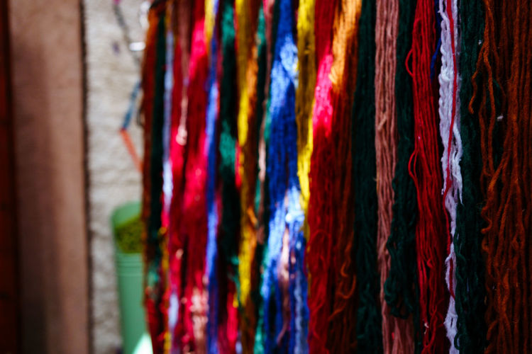 Colorful threads for carpets selling on a market in morocco. yarn.