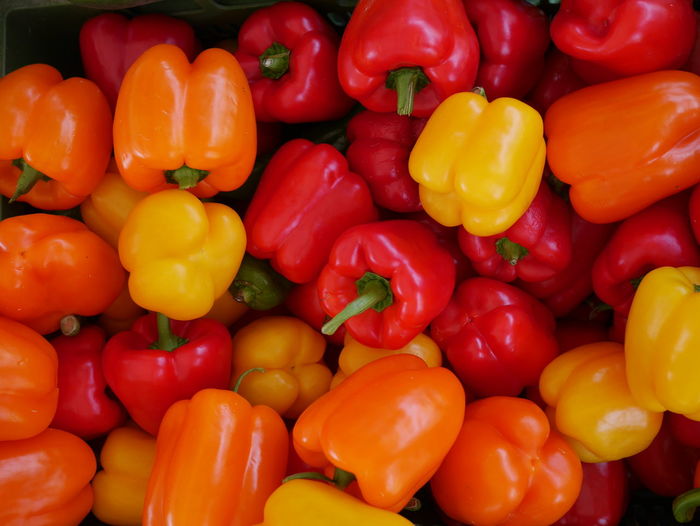 Full frame shot of various bell peppers for sale at market stall