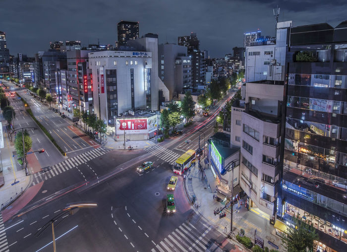 Aerial night view of the jinbocho crossing intersection famous for antiquarian books.