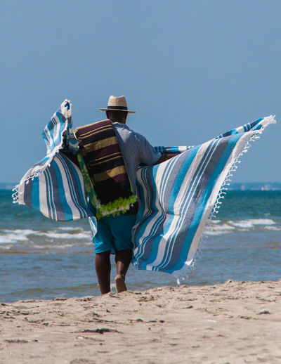 Rear view of man on beach against clear sky