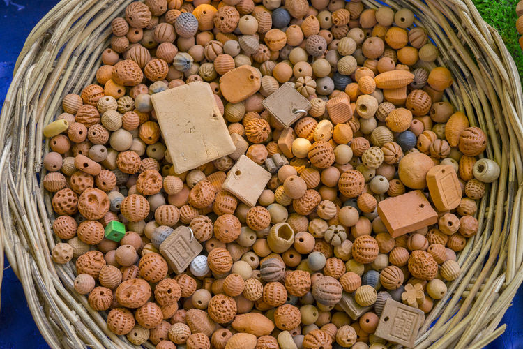 High angle view of shells in basket