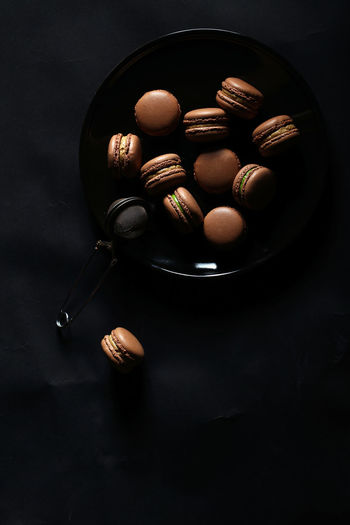 High angle view of food on table against black background