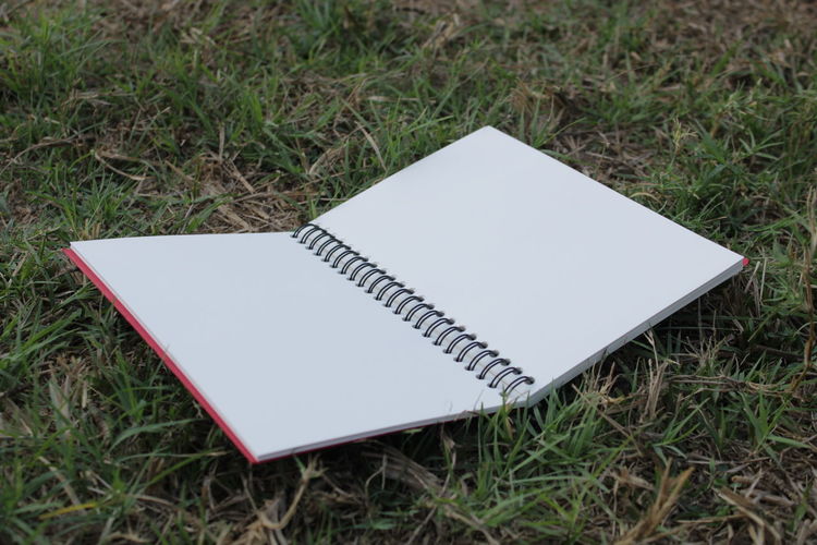 High angle view of open book on grassy field