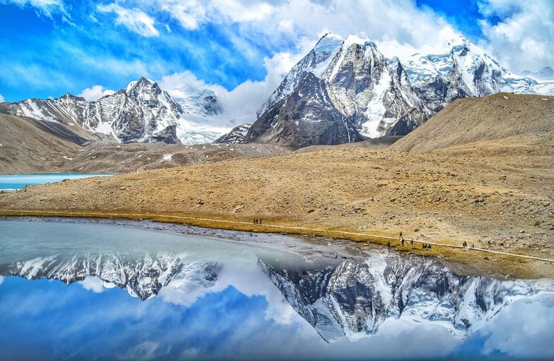 Reflection of snowcapped mountains in lake against sky