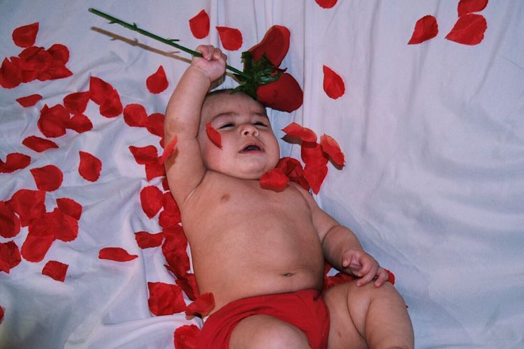 High angle view of baby sleeping on bed amidst rose petals