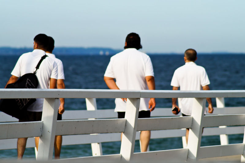 Rear view of people on railing by sea against sky