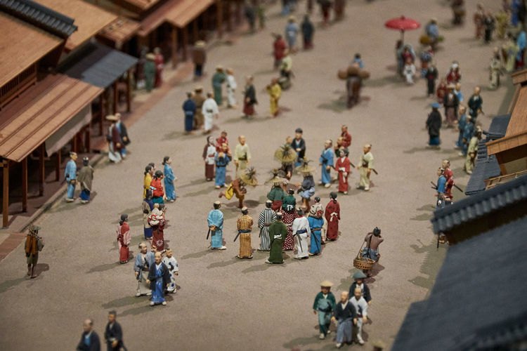 High angle view of model showing edo-era japanese  people walking on street