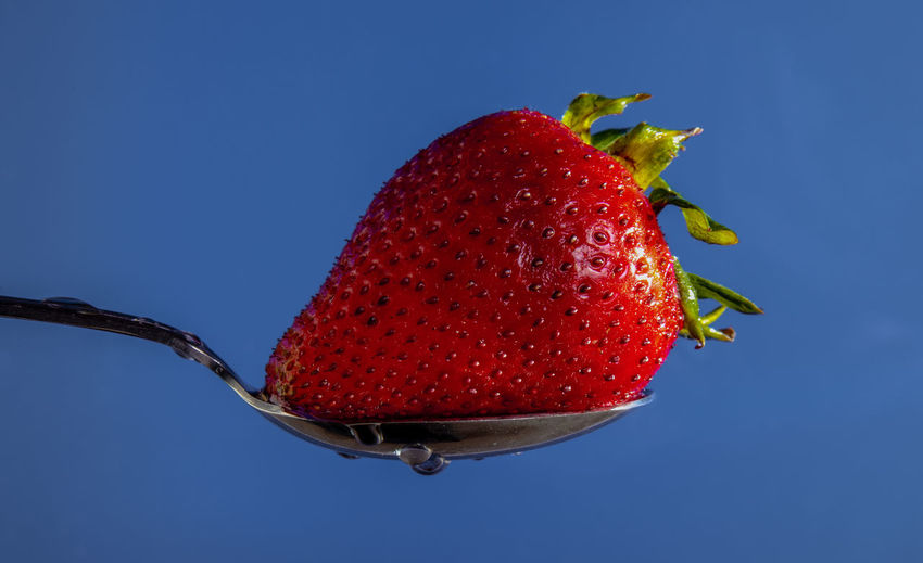 Close-up of strawberry against clear blue sky