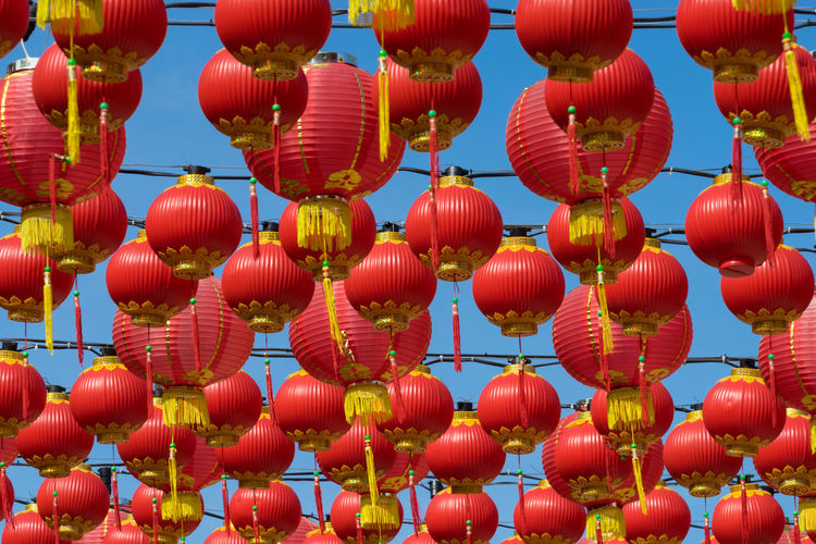 Full frame shot of chinese lanterns hanging against sky
