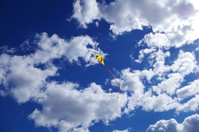 Kite flying in cloudy sky