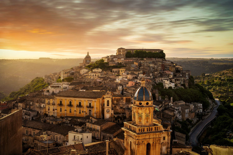 High angle view of townscape against sky during sunset