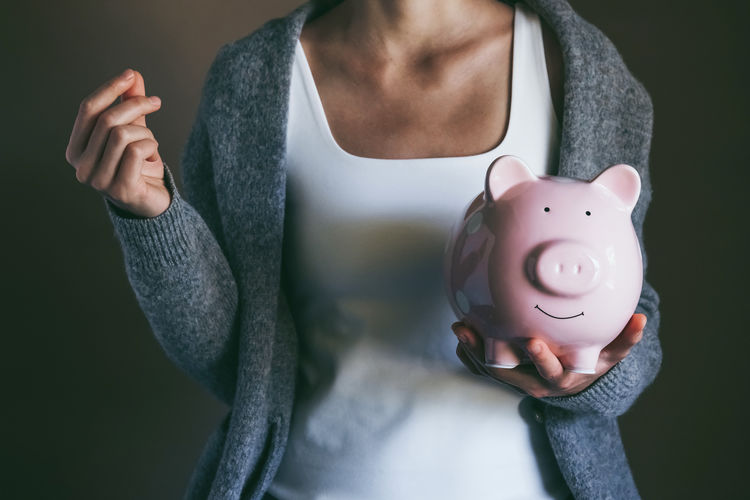 Closeup woman holding happy piggy bank and money guest hand. 