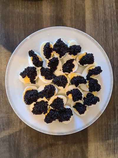 High angle view of breakfast in plate on table