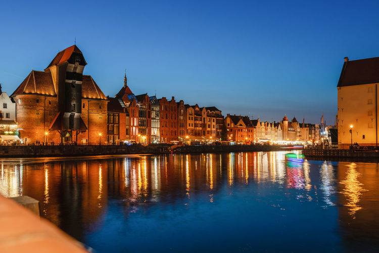 Gdansk night city riverside view. view on famous crane and facades of old medieval houses. poland.