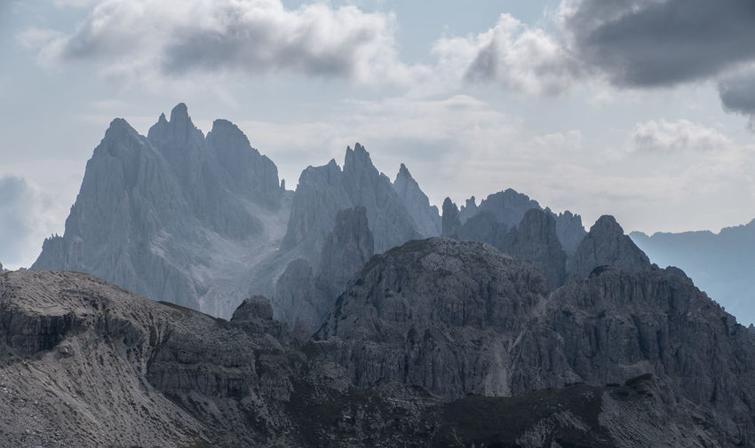 Very jagged peaks of dolomite mountains in dramatic light.