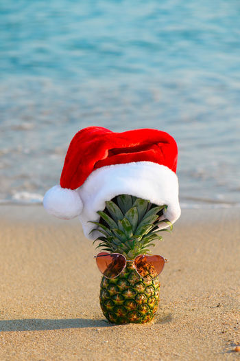 A pineapple in santa claus hat wearing heart shaped sunglasses on a sand, christmas background