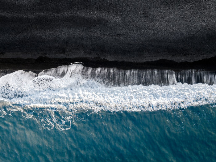 Scenic and abstract aerial view of the famous reynisfjara black beach in vik, iceland