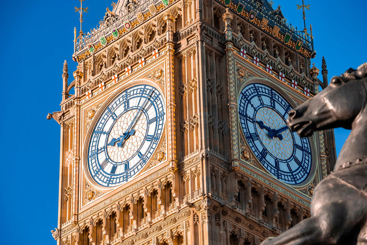 Close up view of the big ben clock tower and westminster in london.