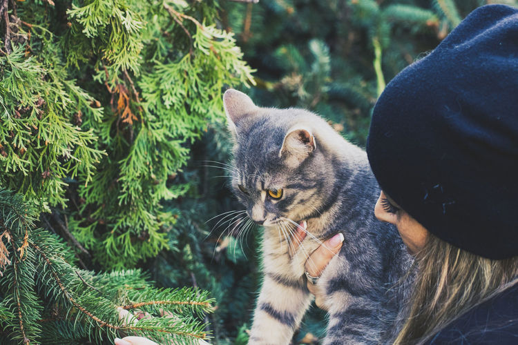 Close-up of woman with cat against trees in park