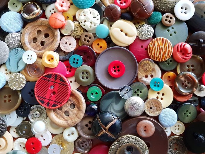 High angle view of various buttons