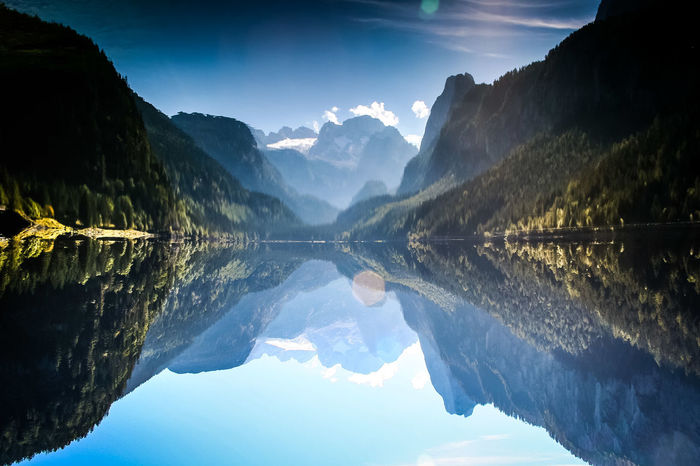 Scenic view of calm lake with mountains reflection