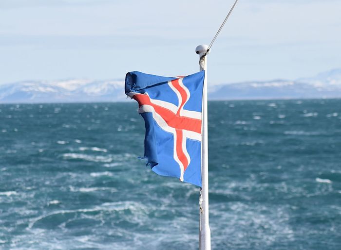 Flag on pole by sea against sky