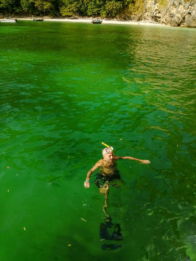 High angle view of man swimming in green water lake
