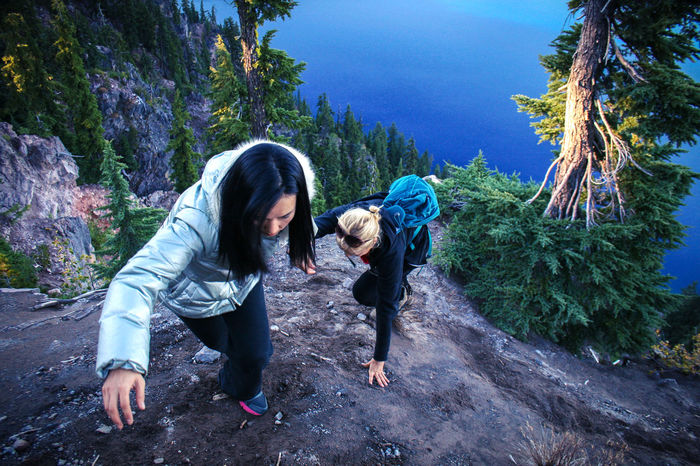 High angle view of friends hiking at crater lake national park
