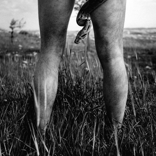 Low section of man standing on field