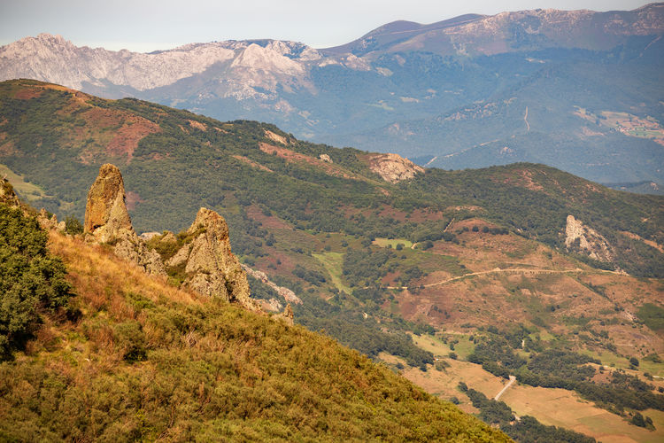 Scenic view across mountain range against sky