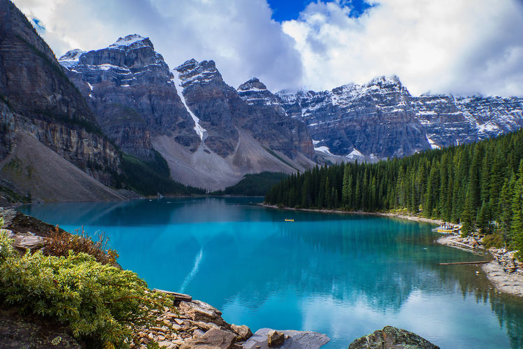 Scenic view of lake and mountains against sky, moraine lake in banff national park 