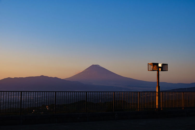 Scenic view of silhouette mt.fuji against clear sky at sunset