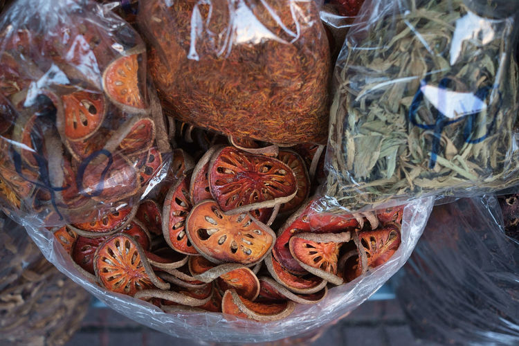 High angle view of herbs and spices for sale in market
