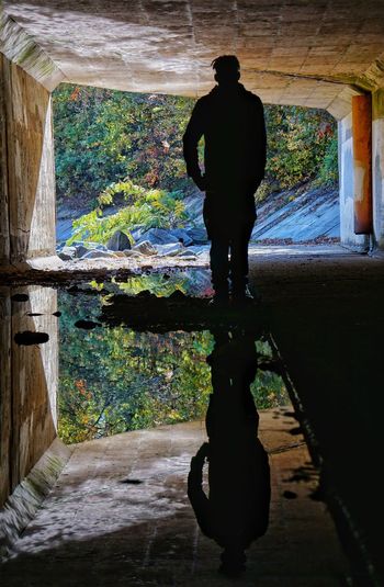 Rear view of silhouette man standing by water