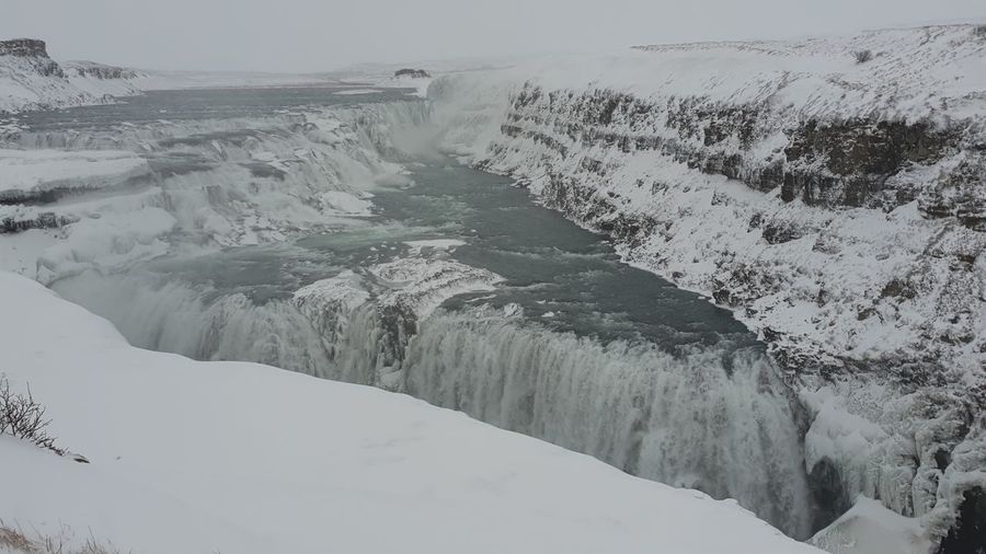Scenic view of snow covered land against sky