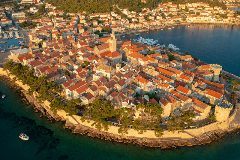 Aerial view of korcula town on korcula island, adriatic sea, croatia