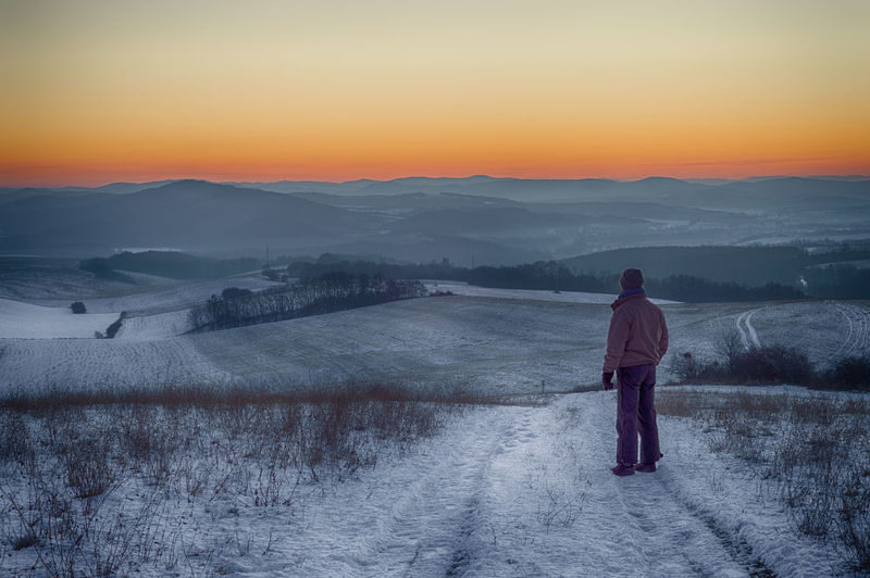 Rear view of person standing on snow covered landscape