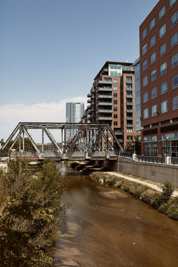 Various steel pedestrian bridges along pathway of cherry creek trail in downtown denver, colorado 