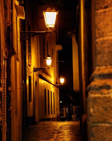 Illuminated alley at night