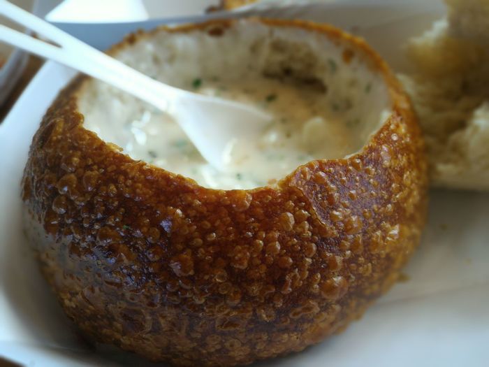 Close-up of clam chowder in plate