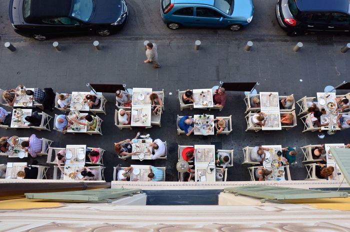 High angle view of people at an outdoor restaurant