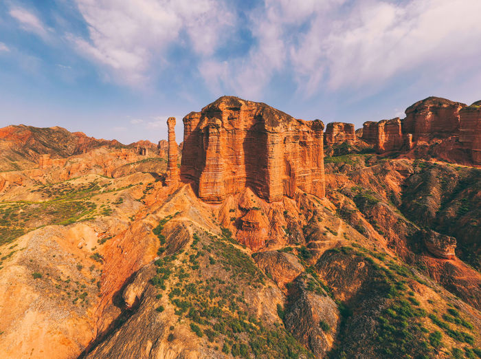 Rock formations on landscape against cloudy sky