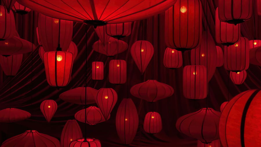 Full frame shot of red lanterns hanging at night