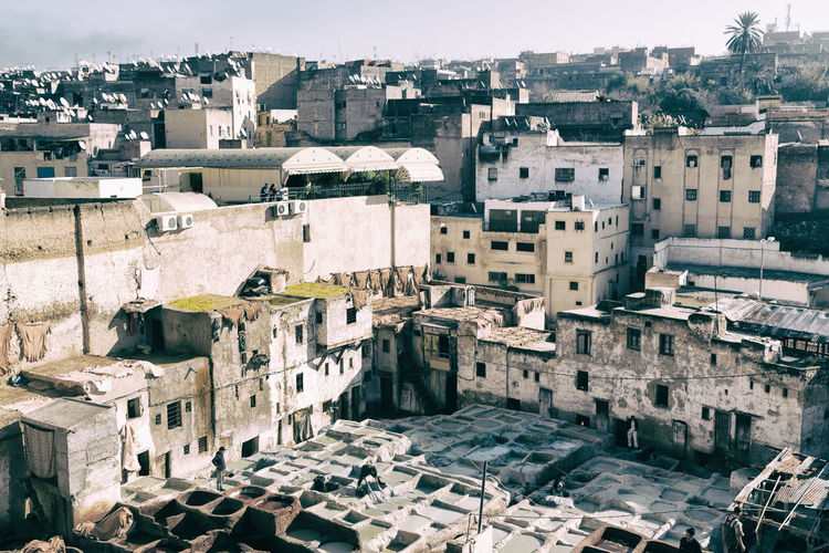 High angle view of old buildings in town