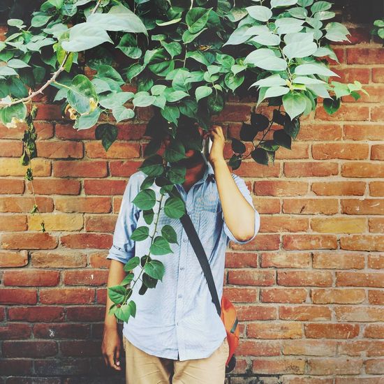 Man standing by ivy growing on brick wall
