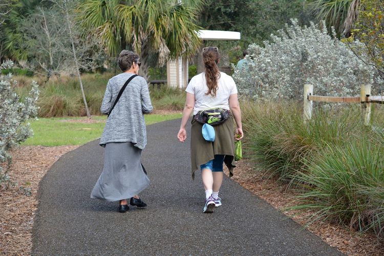 Women walking on path in park amidst trees