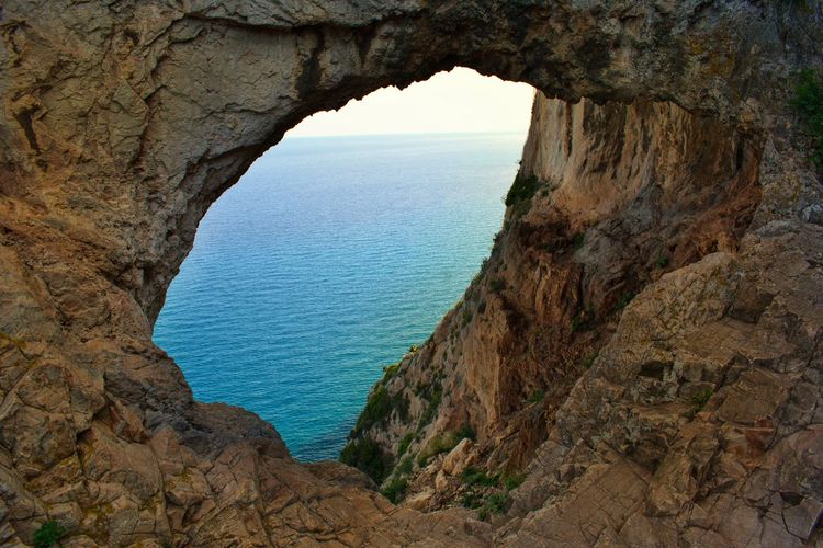 Scenic view of sea seen through rock formation