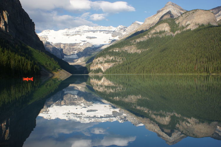 Scenic view of reflection of mountains in lake