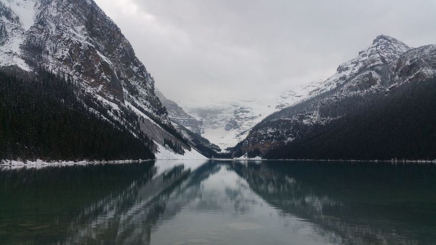 Scenic view of lake and snowcapped mountains against sky