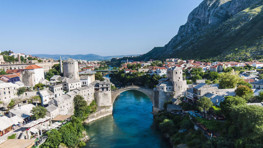 High angle view of stari most over river neretva in city